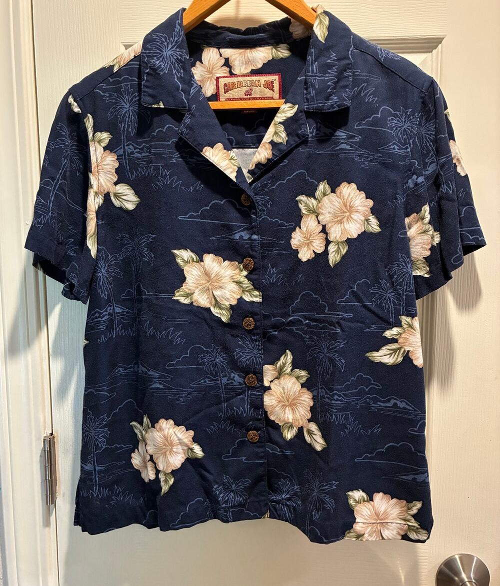 Vtg 90s Caribbean Joe Women's Navy Tropical Camp Shirt Rayon
